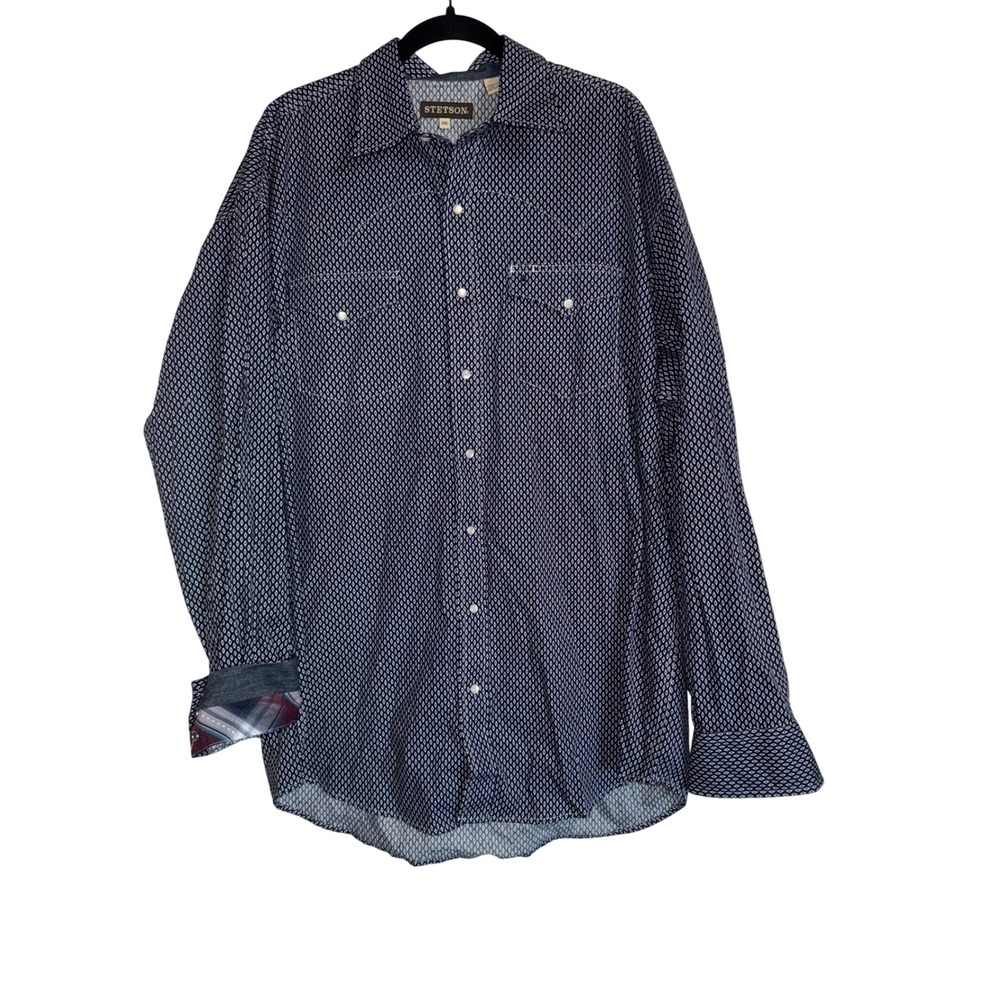 Stetson Mens 2XL Blue Geometric Print Long Sleeve Western Snap Button‎ Shirt